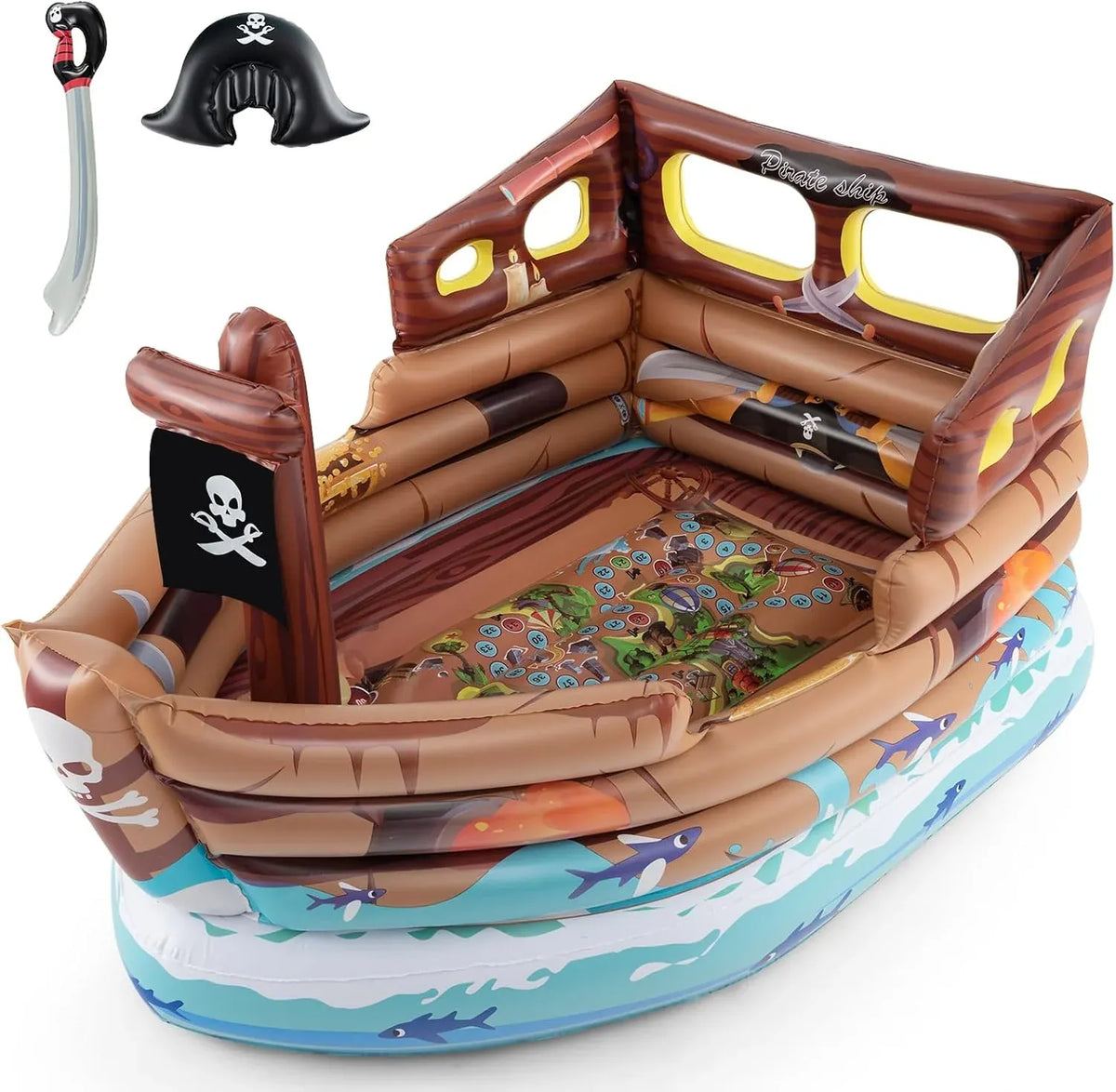 Goplus Inflatable Pirate Ship, Blow up Playscape with Built in Motor, Inflatable Toy Sword & Pirate Hat,Kids Toddlers Playhouse for Indoor Outdoor Backyard