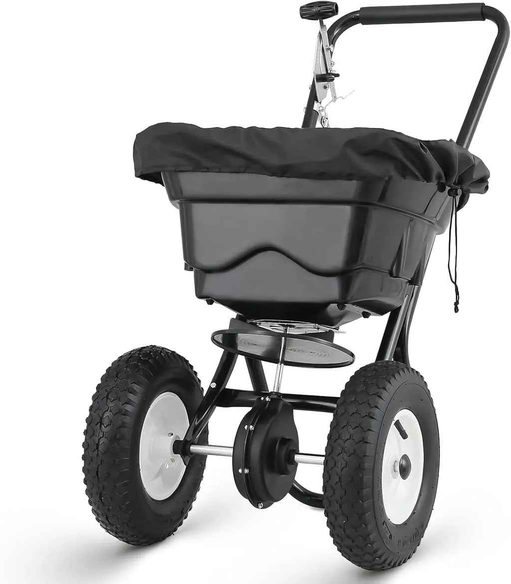 MoNiBloom 125 lb Walk-Behind Broadcast Spreader for Fertilizer, Grass Seed, Salt & Ice Melt, Heavy Duty Lawn, Garden & Farm Seeder with Rain Cover, Durable Design for Yards, Fields & Uneven Terrain