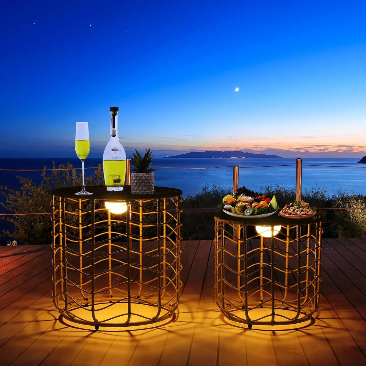 Sumind 2 Sets Solar Nesting Tables with Built-in Lights Cutout Wicker Round Tables for Patio Porch Garden Side Table Outdoor Living Natural Stylish Design