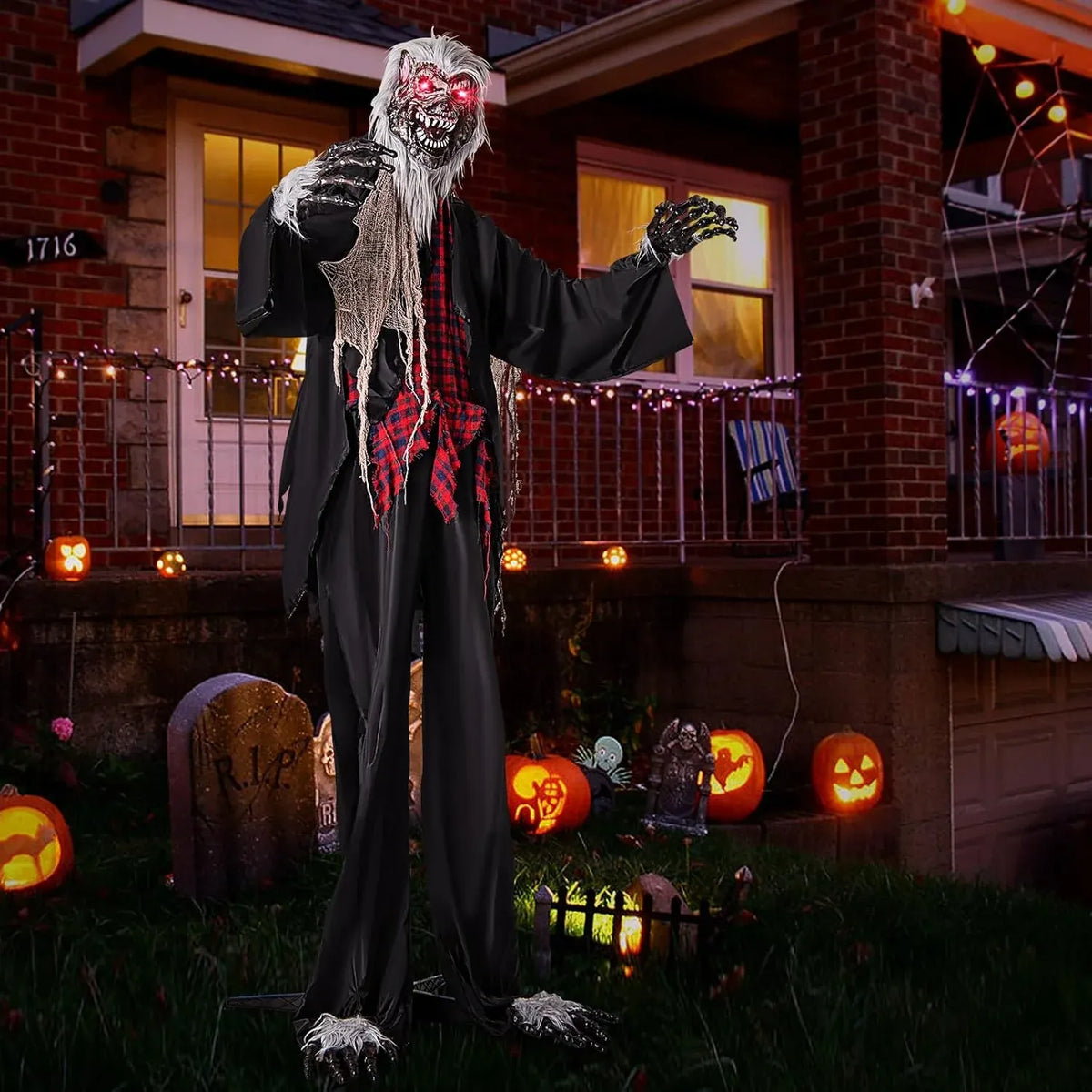 Tangkula 8.2 FT Halloween Animatronic Werewolf, Scary Animated Prop with Howling Sounds, Red Flashing Eyes & Poseable Arms, Standing Werewolf Decoration for Porch, Yard & Garden, Sound Activated