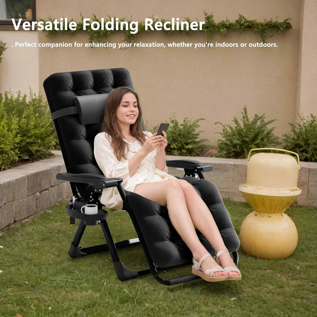 Seeutek Zero Gravity Lounge Chair, Anti Gravity Lounger Removable Extra Thick Cushion, Upgraded Lock and Cup Holder, Folding Outdoor Reclining Chairs Recliner for Lawn Patio, Camping, Indoor - Black