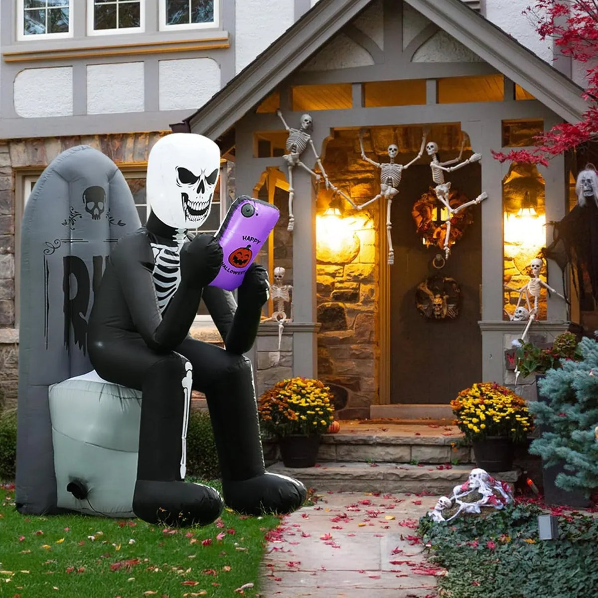 6.1 FT Halloween Inflatable Outdoor Decoration Skeleton & Tombstone Halloween Inflatable Blow Up Yard Decorations with LEDs for Halloween Holiday Party Outdoor Garden Yard Lawn Indoor Decor