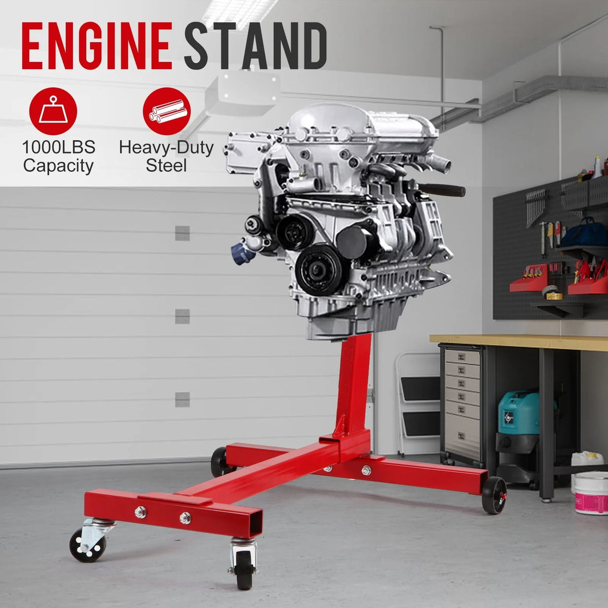 ANDTE Steel Rotating Engine Stand with 360 Degree Rotating Head and Folding Frame: 1/2 Ton (1000 lb) Capacity, Red
