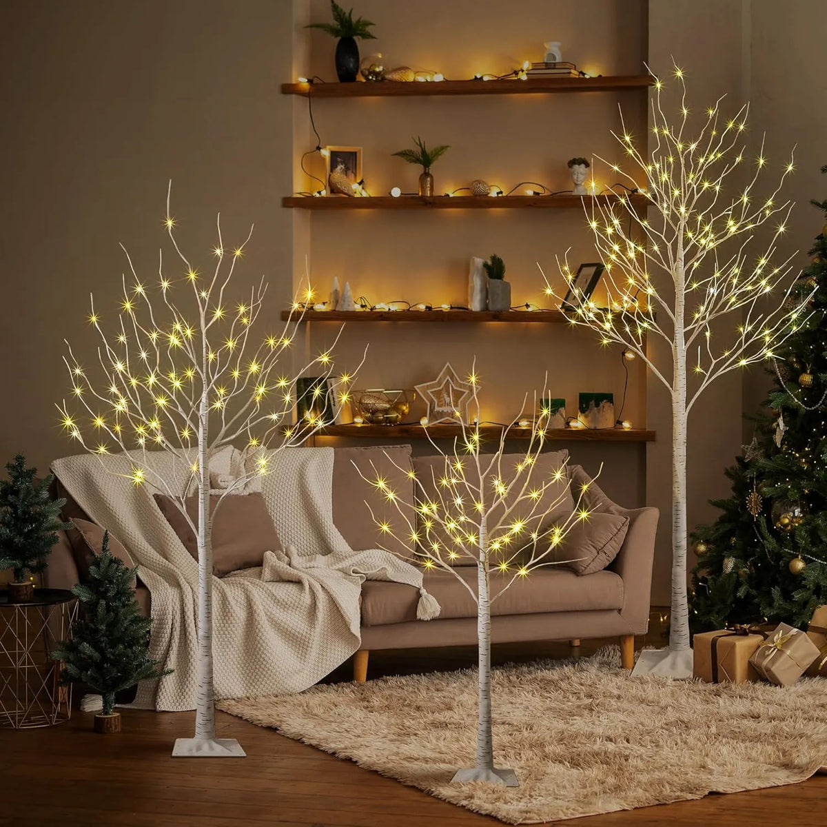 LED Birch Tree Light Set - 4ft, 6ft, 8ft Trees with Warm White Lights - Indoor Outdoor Christmas Wedding Party Decorations (3-Pack)