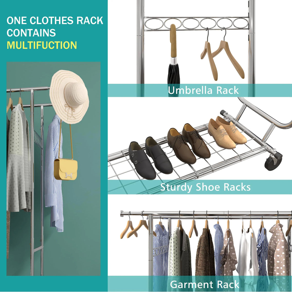 Raybee Clothes Rack Heavy Duty Holds 610LBS Rolling Clothing Racks for Hanging Clothes Portable Clothes Rack Metal Clothing Rack with Wheels Collapsible & Commercial Garment Rack Heavy Duty