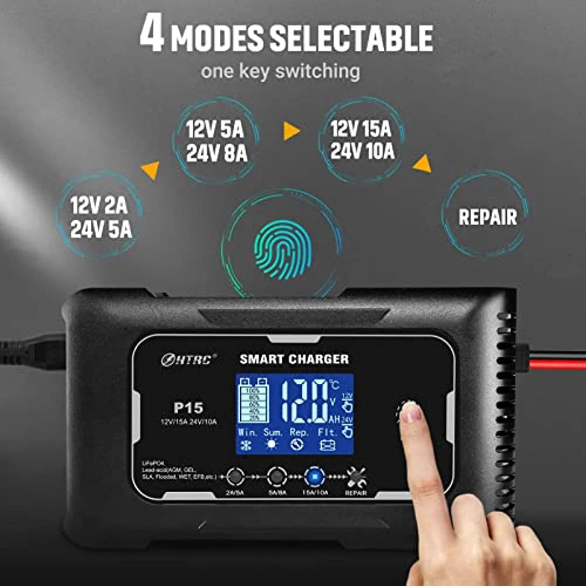 HTRC charger 15-Amp Fully-Automatic Smart Charger,12V and 24V Battery Charger,12V/15A 24V/10A Lead-Acid(AGM/Gel/SLA)/Lithium lron LiFePO4 Trickle Charger,Pulse Repair Car Battery Charger,Deep cycle