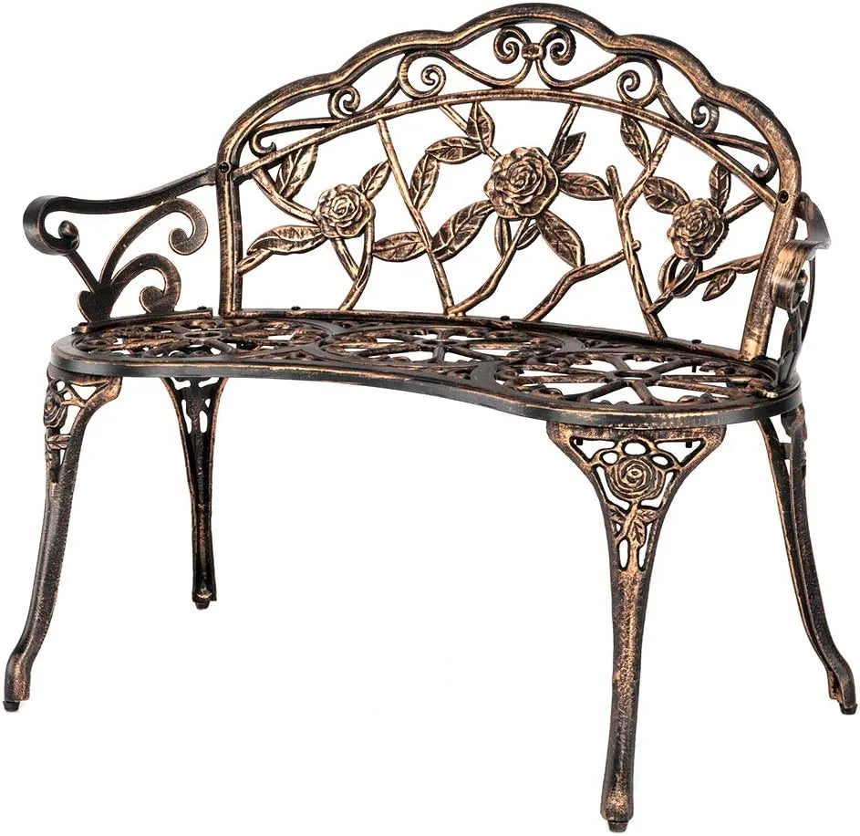38.5 Patio Park Garden Outdoor Metal Rose Bench,Cast Iron Cast Aluminium Frame Antique Finish Chair,Accented Lawn Front Porch Path Yard Decor Deck Furniture for 2 Person Seatï1⁄4Bronze
