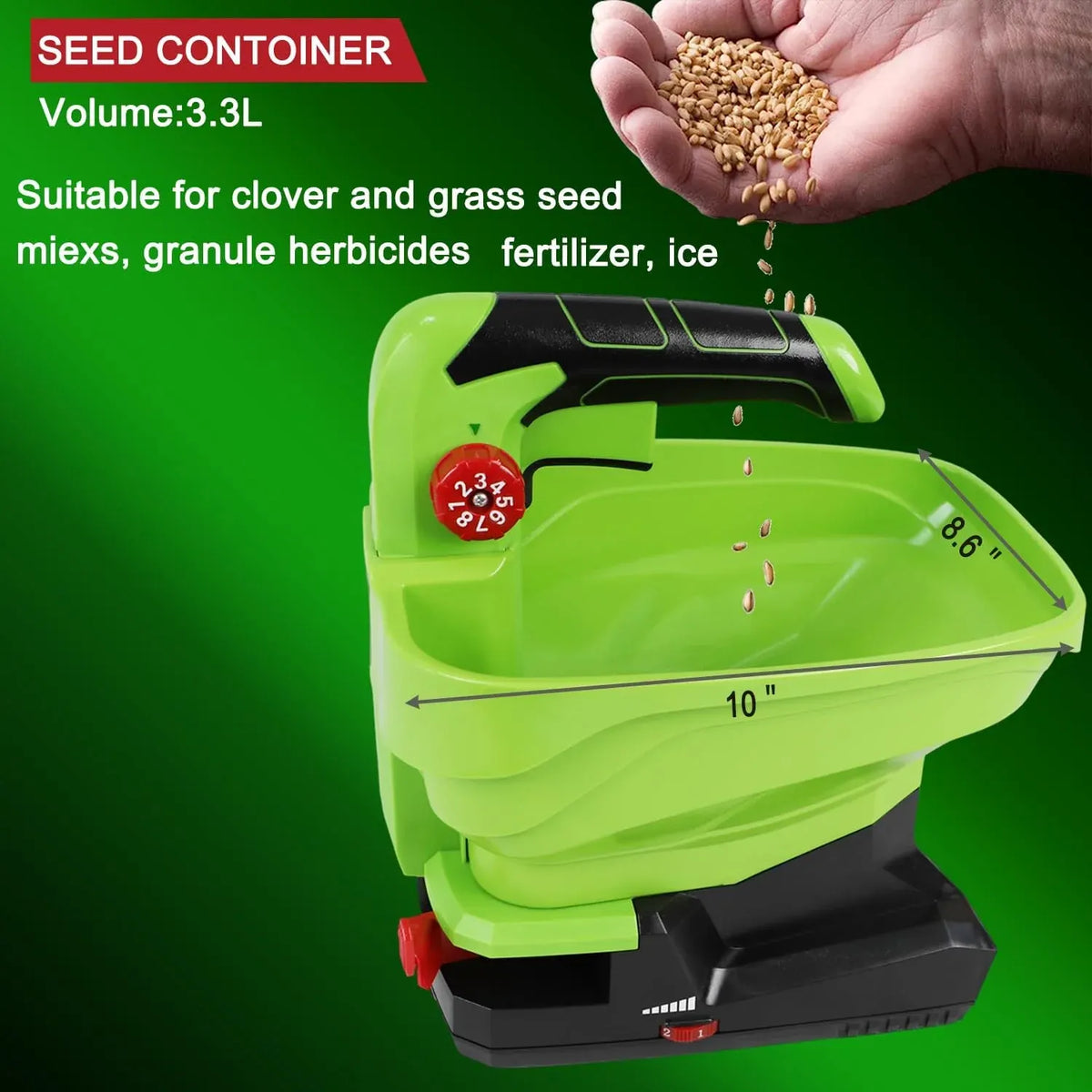 7.2V Cordless Seed Spreader - Capacity 3.3L, 2.0Ah Built-in Battery, Charging Cable Included, Handheld Fertilizer, 2.5h Standby Time, for Fertilizer, Seeds