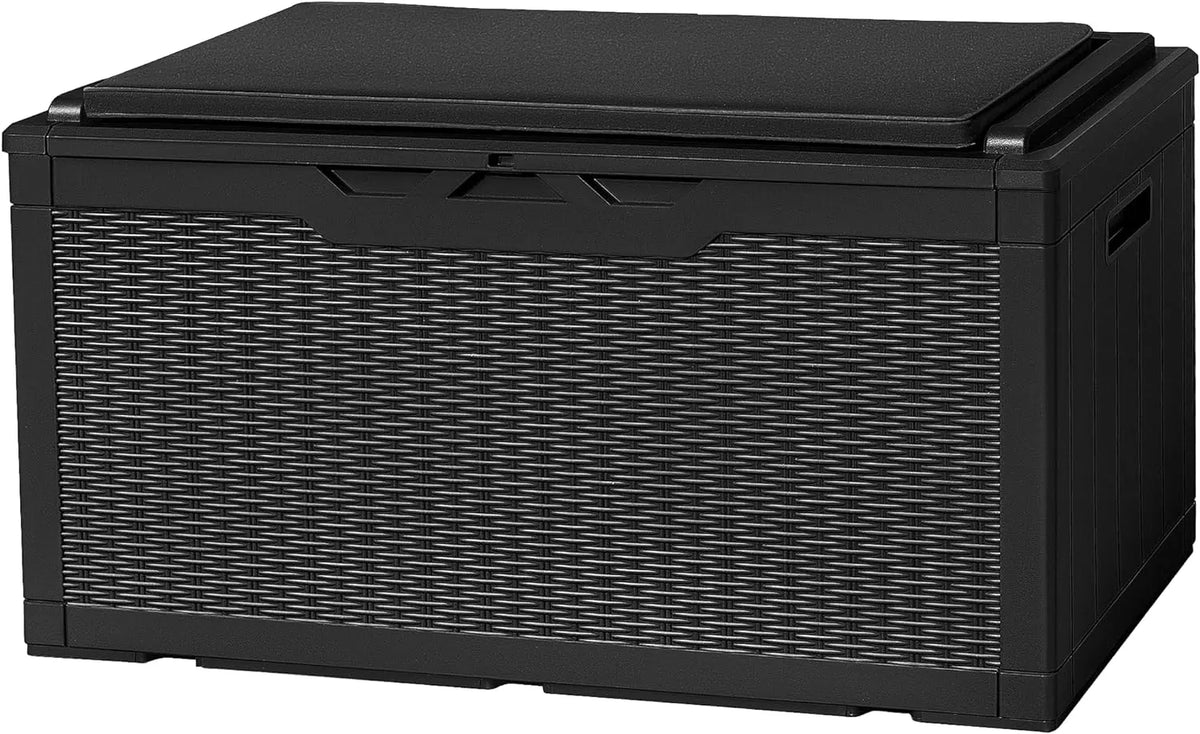 Flamaker Resin Deck Box 120 Gallon Waterproof Large Outdoor Indoor Storage Box Imitation Wood Resin for Patio Furniture Garden Tools and Pool (Black)