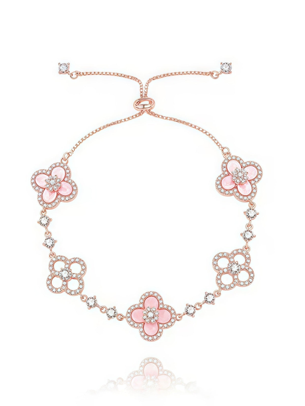 Floral Bracelet with Natural Shell Petals and Faceted Crystal Accents, Gold Plated Finish