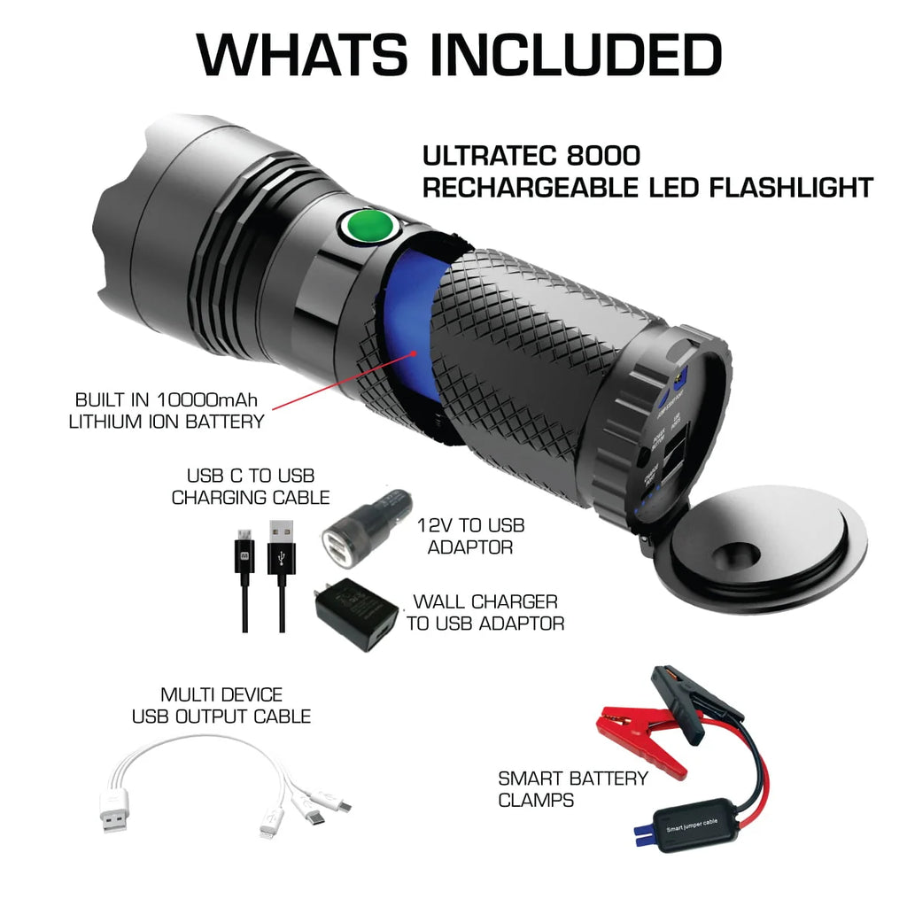 Smartech Ultratech-8000 8000 Lumen Rechargeable Flashlight with 10000 mAH Jump Starter and Power Bank