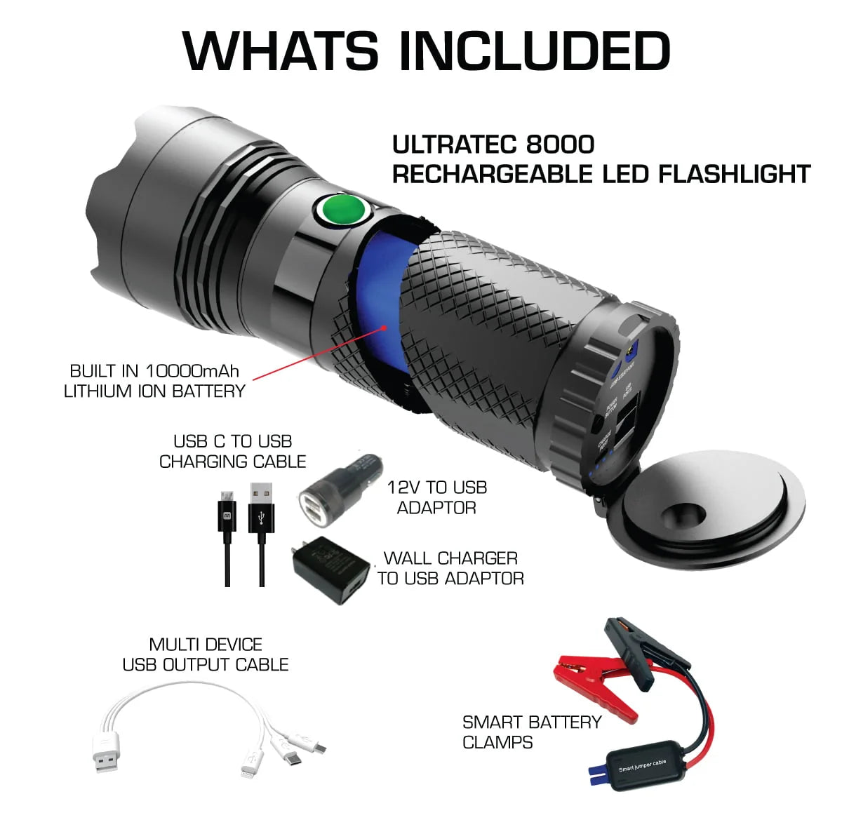 Smartech Ultratech-8000 8000 Lumen Rechargeable Flashlight with 10000 mAH Jump Starter and Power Bank