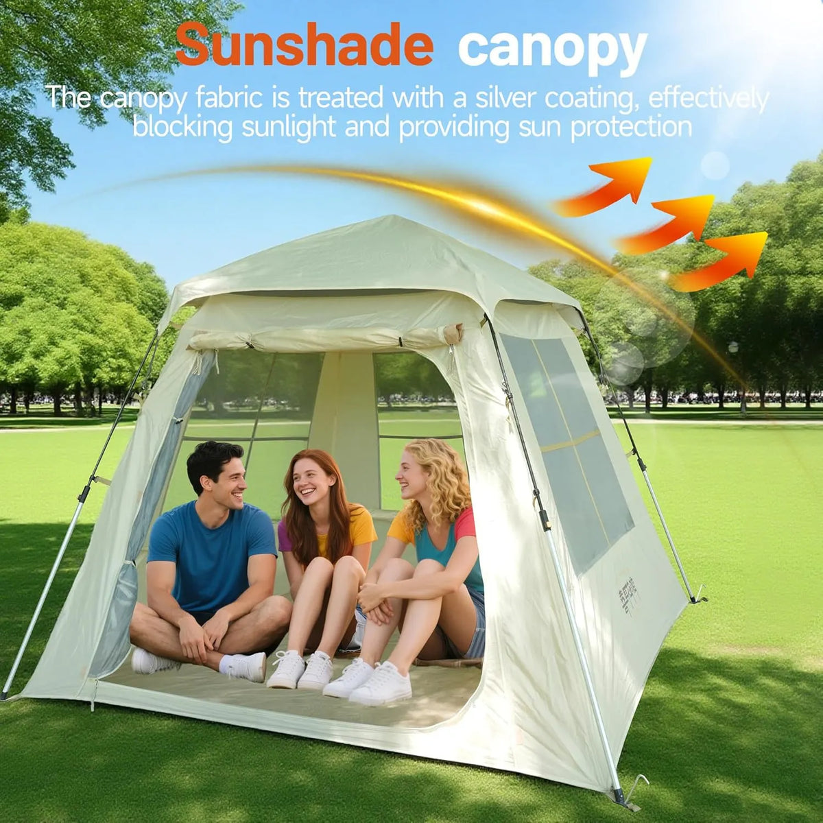Instant Pop Up Camping Tent - 7'×7' 4 Person, 5-Sided Ventilation, UV-Blocking Top & Hexagonal Awning, Portable for Patio/Beach