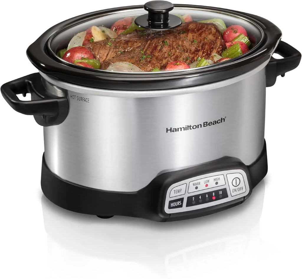 Hamilton Beach 7 Quart Programmable Slow Cooker With Flexible Easy Programming, 5 Cooking Times, Dishwasher-Safe Crock & Lid, Silver (33473)