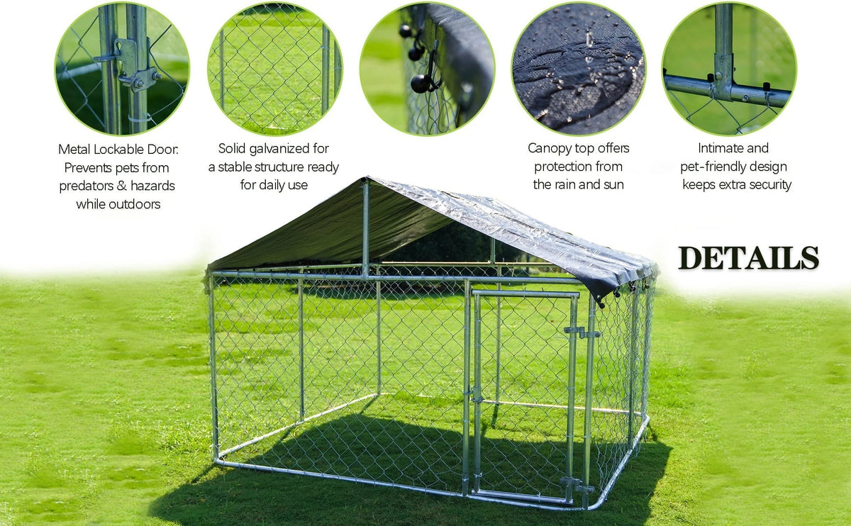 Petony Outdoor Dog Kennel Dog Cage Dog Playpen Dog Fence Chicken Coop Hen House Heavy Duty Pet Playpen with Large Galvanized Chain Link with UV and Water Resistant Black Proof Cover