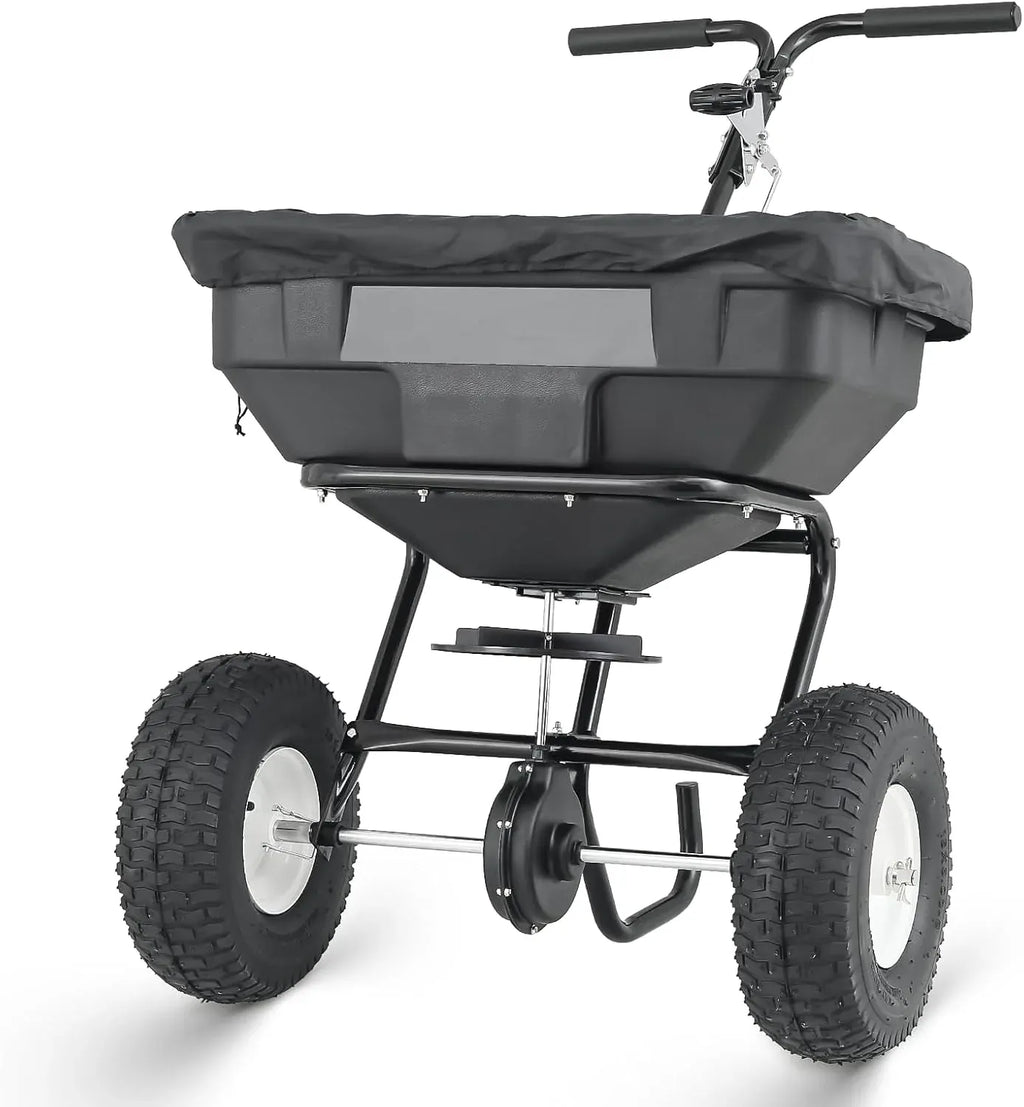MoNiBloom 125 lb Walk-Behind Broadcast Spreader for Fertilizer, Grass Seed, Salt & Ice Melt, Heavy Duty Lawn, Garden & Farm Seeder with Rain Cover, Durable Design for Yards, Fields & Uneven Terrain