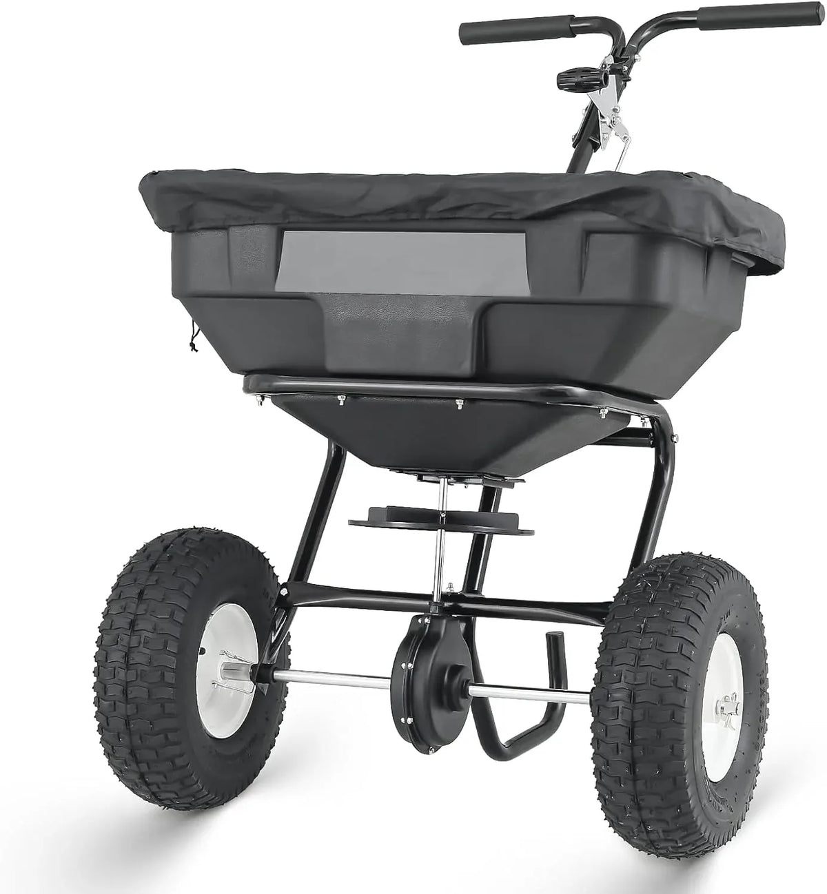 MoNiBloom 125 lb Walk-Behind Broadcast Spreader for Fertilizer, Grass Seed, Salt & Ice Melt, Heavy Duty Lawn, Garden & Farm Seeder with Rain Cover, Durable Design for Yards, Fields & Uneven Terrain