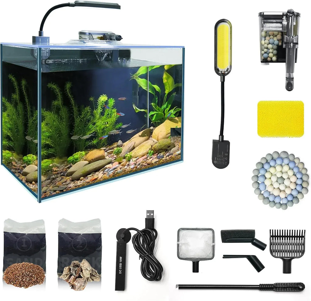 Small Aquarium Starter Kit, 2.6 Gallon Glass Betta Fish Tank with Heater Self Cleaning System Efficiency Filter Bright Light Rocks Gravel Cleaning Tool Set, Leak-Proof Ultra-Clear Rimless Desktop Tank