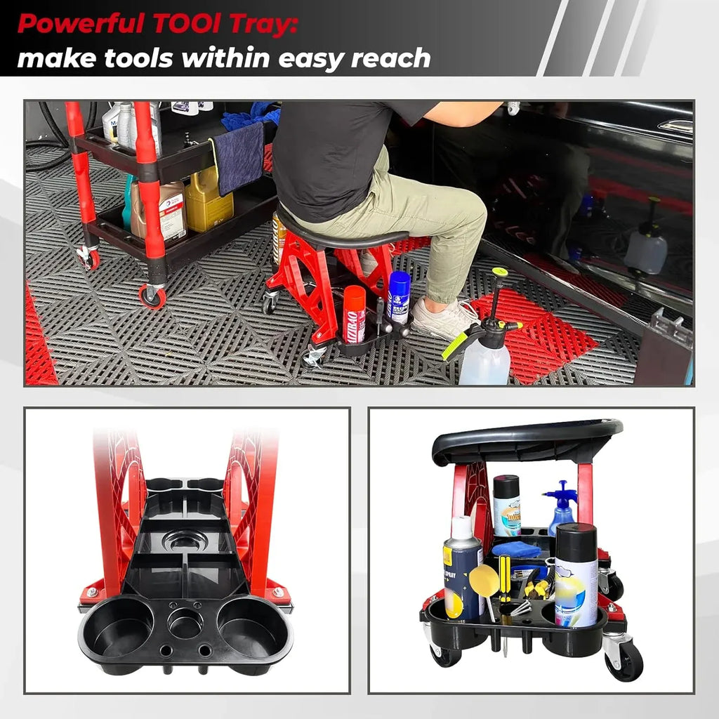 Durable Mechanic Stool Chair With Wheels, Heavy Duty Garage Shop Rolling Seat, Car Detailing Creeper With Tool Tray for Workshop, Auto Repair Shop and Home