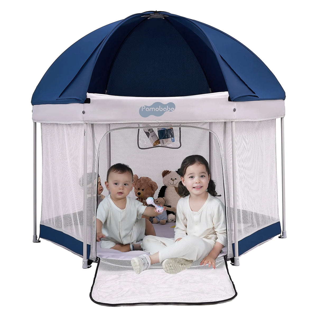 Pamo Babe Outdoor Baby Playpen, Portable, Lightweight, Toddler Playard With Canopy and Travel Bag - Blue