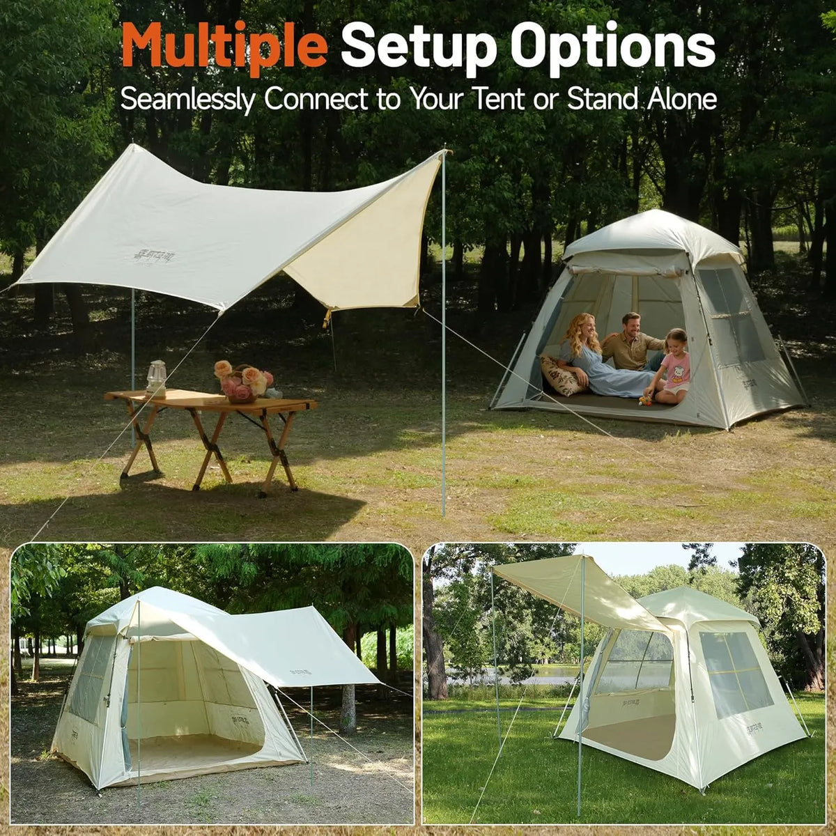 Instant Pop Up Camping Tent - 7'×7' 4 Person, 5-Sided Ventilation, UV-Blocking Top & Hexagonal Awning, Portable for Patio/Beach