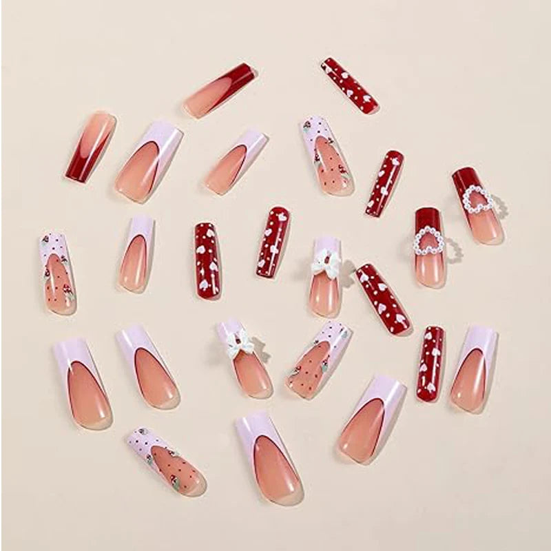 24 PCS Strawberry Bow Nail Art