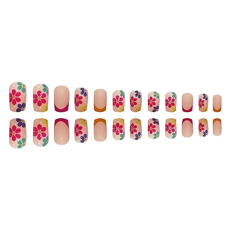 24 PCS Press On Nails Short Square Fake With Nail Glue French False Flower Designs Acrylic Artificial Full Cover Stick For Women
