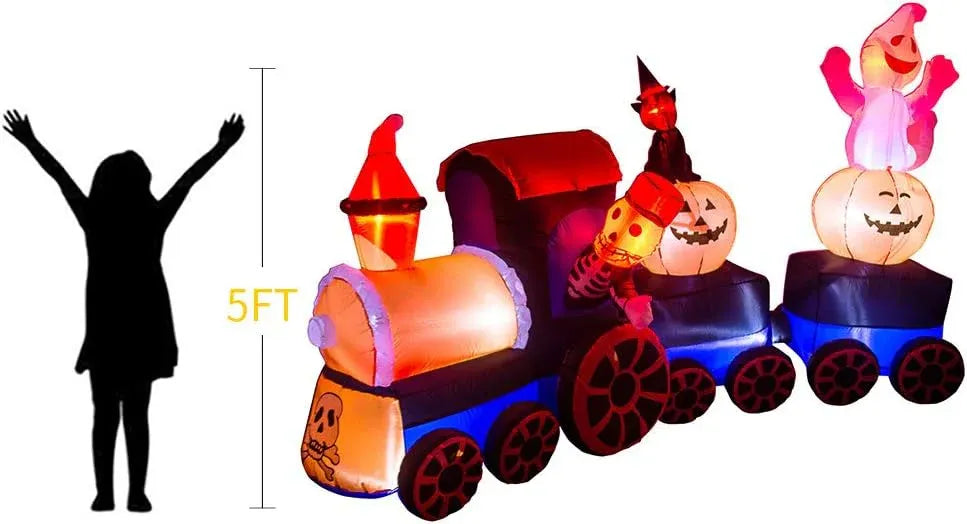 9 Feet Halloween Inflatable Train with Kittens White Ghosts/Pumpkin with LED Lights Blow up Lighted Yard Decor Giant Lawn Halloween Inflatable Home Garden Party Favor Decoration