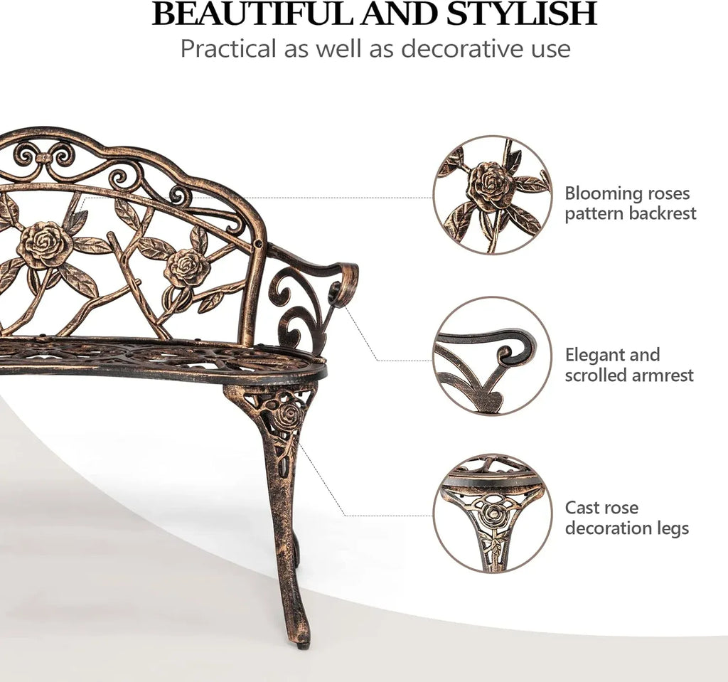 38.5 Patio Park Garden Outdoor Metal Rose Bench,Cast Iron Cast Aluminium Frame Antique Finish Chair,Accented Lawn Front Porch Path Yard Decor Deck Furniture for 2 Person Seatï1⁄4Bronze