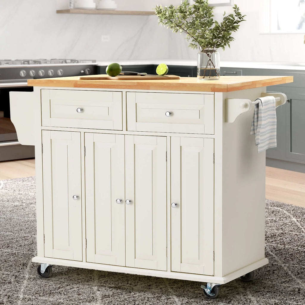 Rolling Kitchen Island Cart with Storage�� Kitchen Cart with Drop-Leaf Rubber Wood Tabletop�� Lockable Wheels�� Trolley Cart Utility Cabinet�� Towel Rack�� Spice Rack Off-White