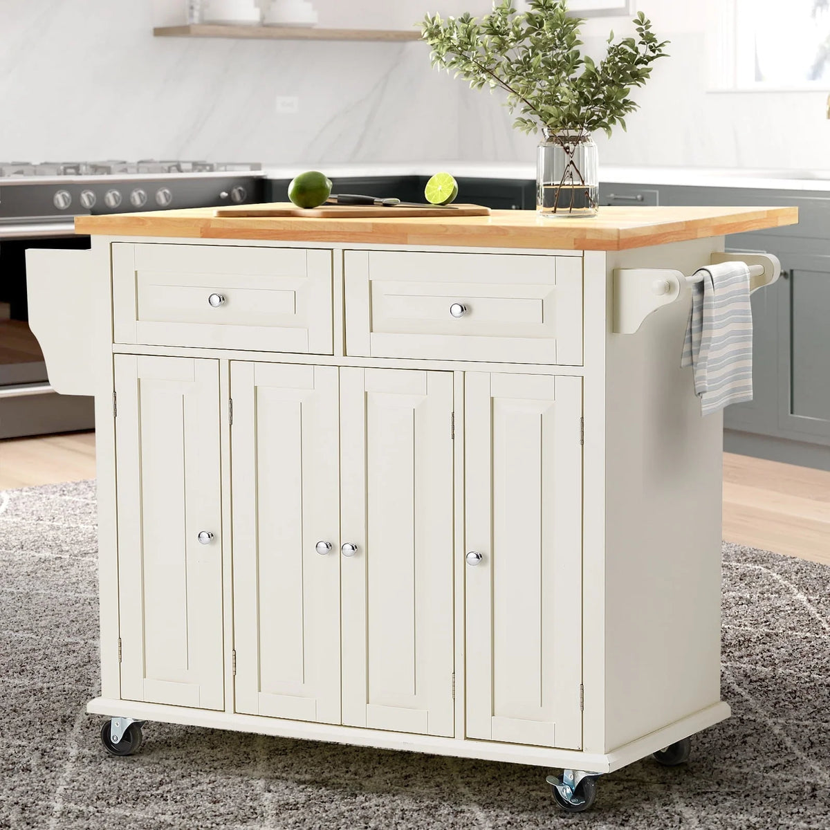 Rolling Kitchen Island Cart with Storage�� Kitchen Cart with Drop-Leaf Rubber Wood Tabletop�� Lockable Wheels�� Trolley Cart Utility Cabinet�� Towel Rack�� Spice Rack Off-White