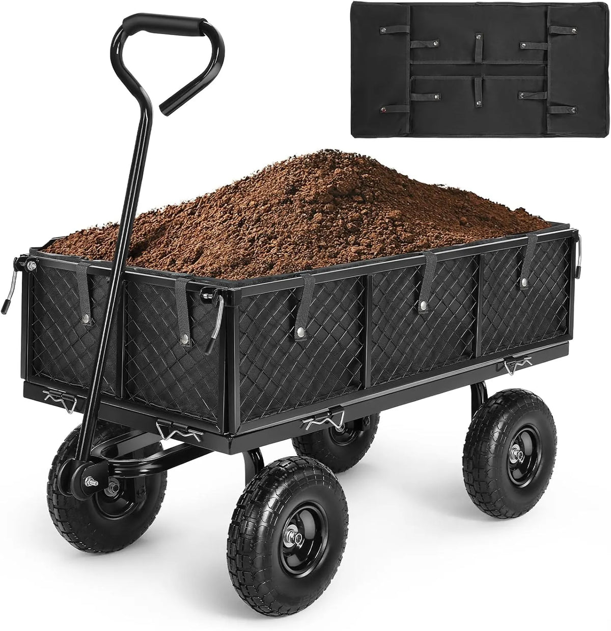 Garden Cart, Heavy Duty 880Lbs Capacity Mesh Steel Garden Cart with Removable Sides to Convert into Flatbed, Utility Metal Wagon with 180° Rotating Handle and 10 in Tires, Black