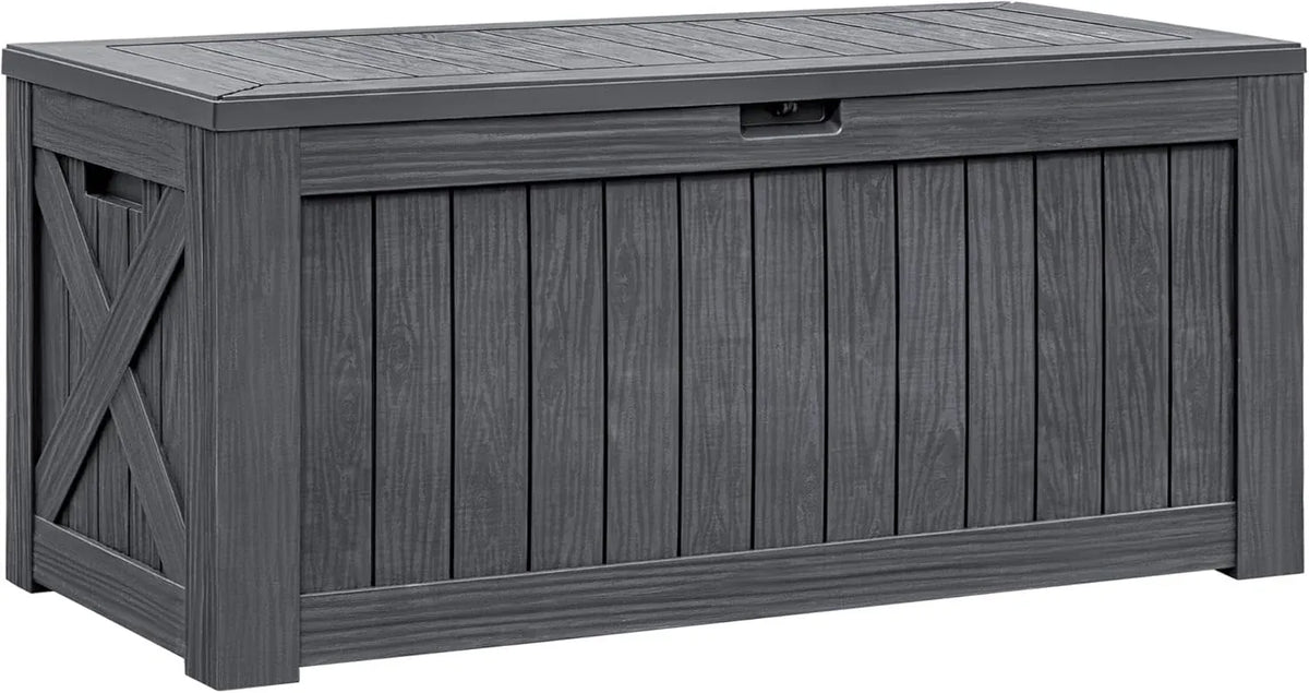 Flamaker Resin Deck Box 120 Gallon Waterproof Large Outdoor Indoor Storage Box Imitation Wood Resin for Patio Furniture Garden Tools and Pool (Black)
