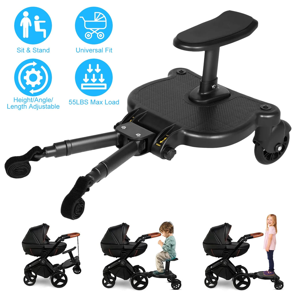 1Pc 2 In 1 Universal Stroller Board Sit & Stand Buggy Wheeled Board Toddler Stroller Attachment With Detachable Seat For 3-7 Years Old