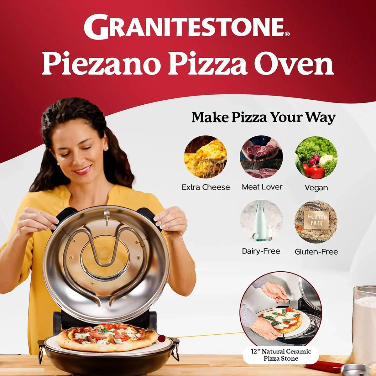 Crispy Crust Pizza Oven by Granitestone â?12 Inch Electric Pizza Oven Indoor Countertop Maker with Ceramic Stone Heats up to 800ËF for Delicious Stone Baked Pizzeria Style Pizza at Home