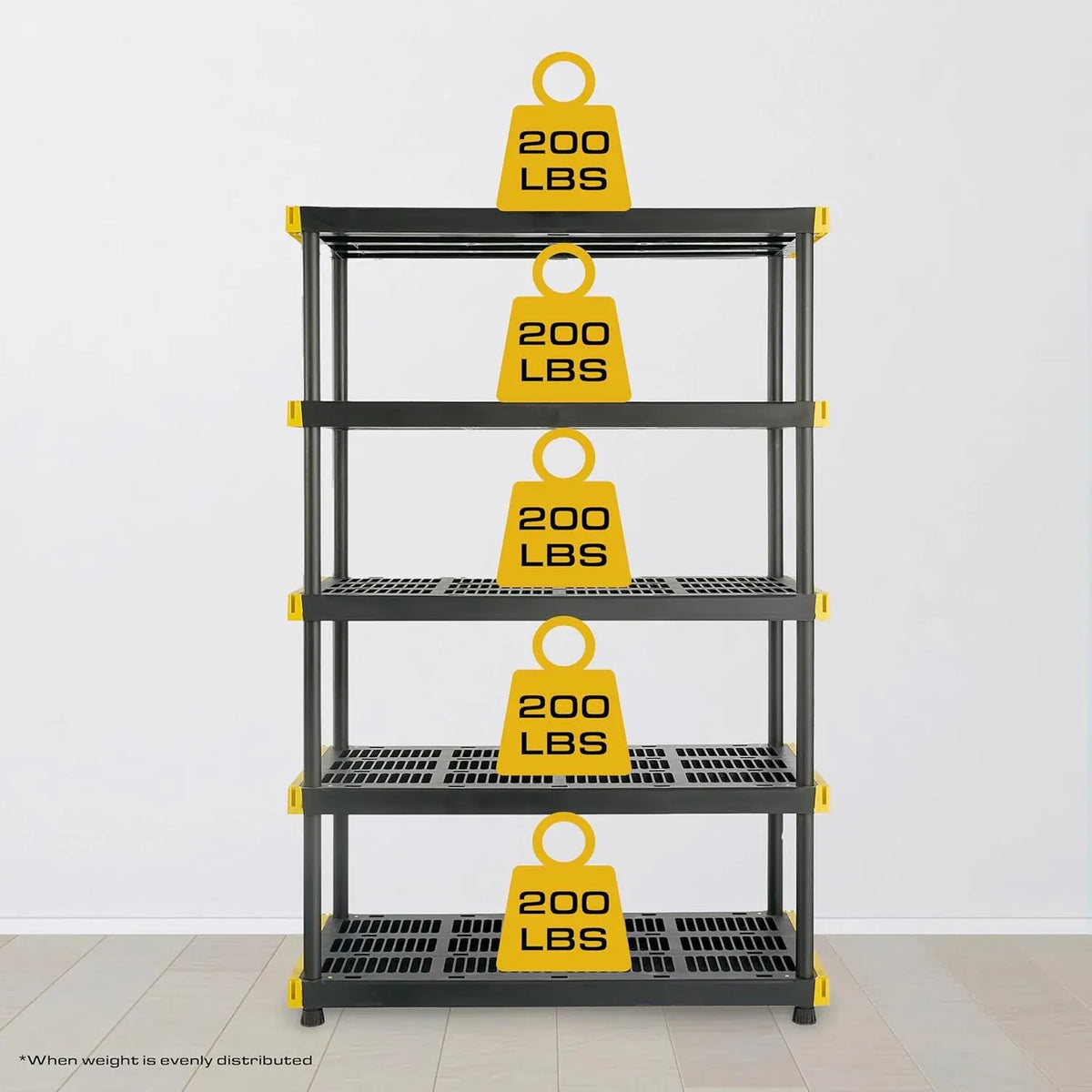 Black & YellowÂ®, 5-Tier Heavy Duty Plastic Storage Shelving Unit, 200lbs/shelf (72âH x 48âW x 20âD), for Indoor/Outdoor Organization, Modular Rack