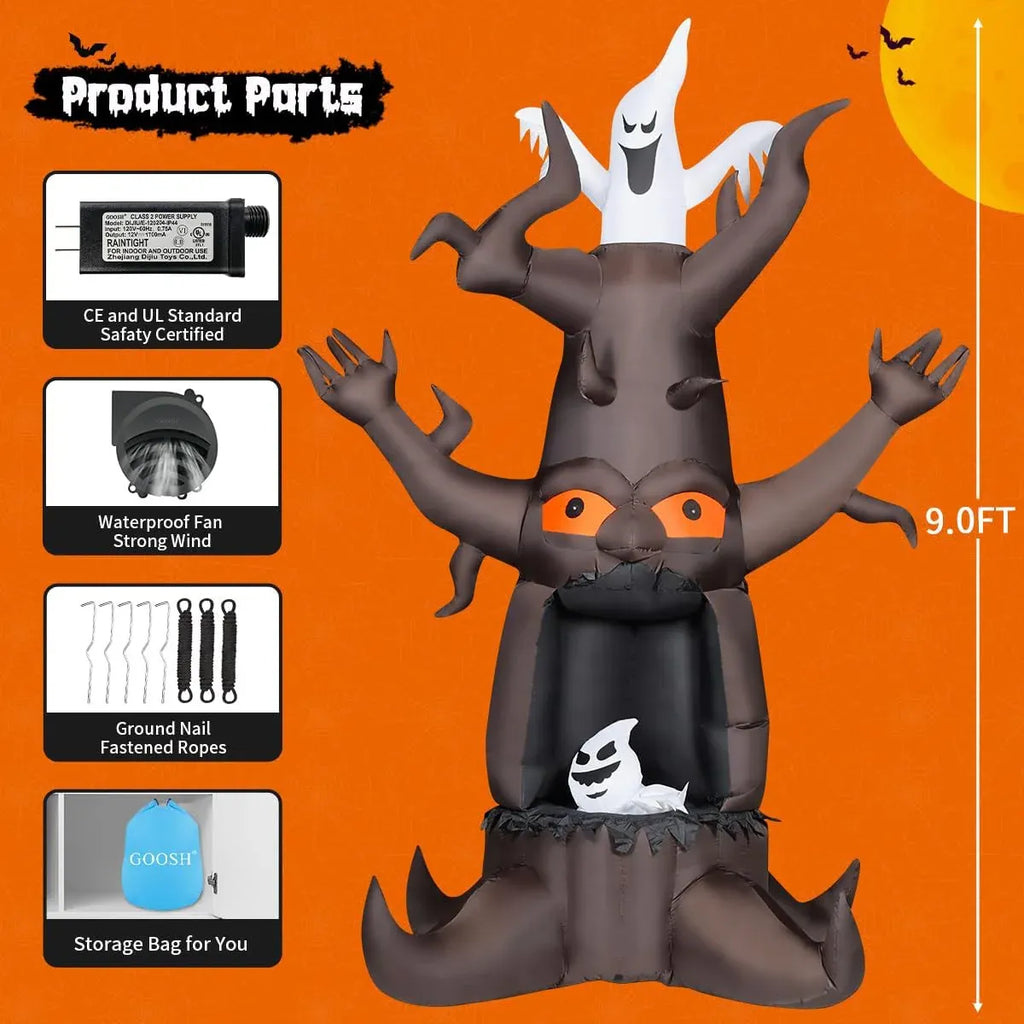 9 FT Halloween Inflatable Animated Dead Tree Outdoor Decorations Blow Up Yard Scary Tree and White Ghost with Built-in LEDs for Outdoor Garden Lawn Party Decor (Tree Ghost)