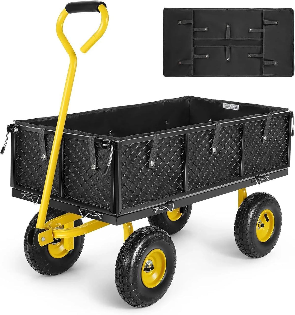 Garden Cart, Heavy Duty 880Lbs Capacity Mesh Steel Garden Cart with Removable Sides to Convert into Flatbed, Utility Metal Wagon with 180° Rotating Handle and 10 in Tires, Black