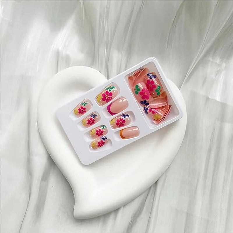 24 PCS Press On Nails Short Square Fake With Nail Glue French False Flower Designs Acrylic Artificial Full Cover Stick For Women