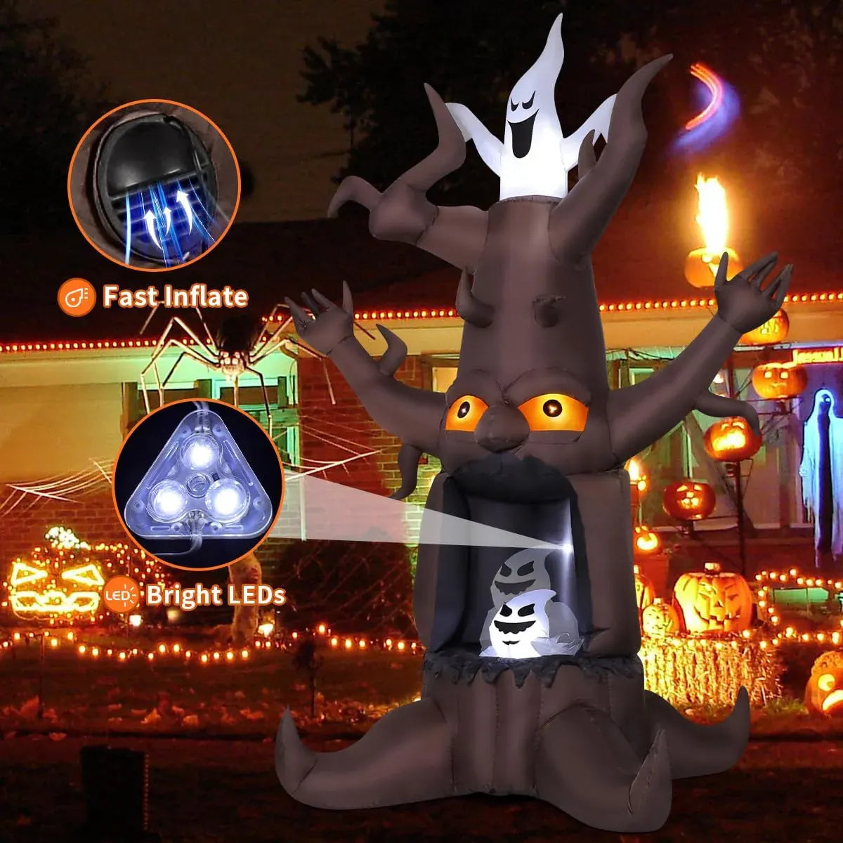9 FT Halloween Inflatable Animated Dead Tree Outdoor Decorations Blow Up Yard Scary Tree and White Ghost with Built-in LEDs for Outdoor Garden Lawn Party Decor (Tree Ghost)