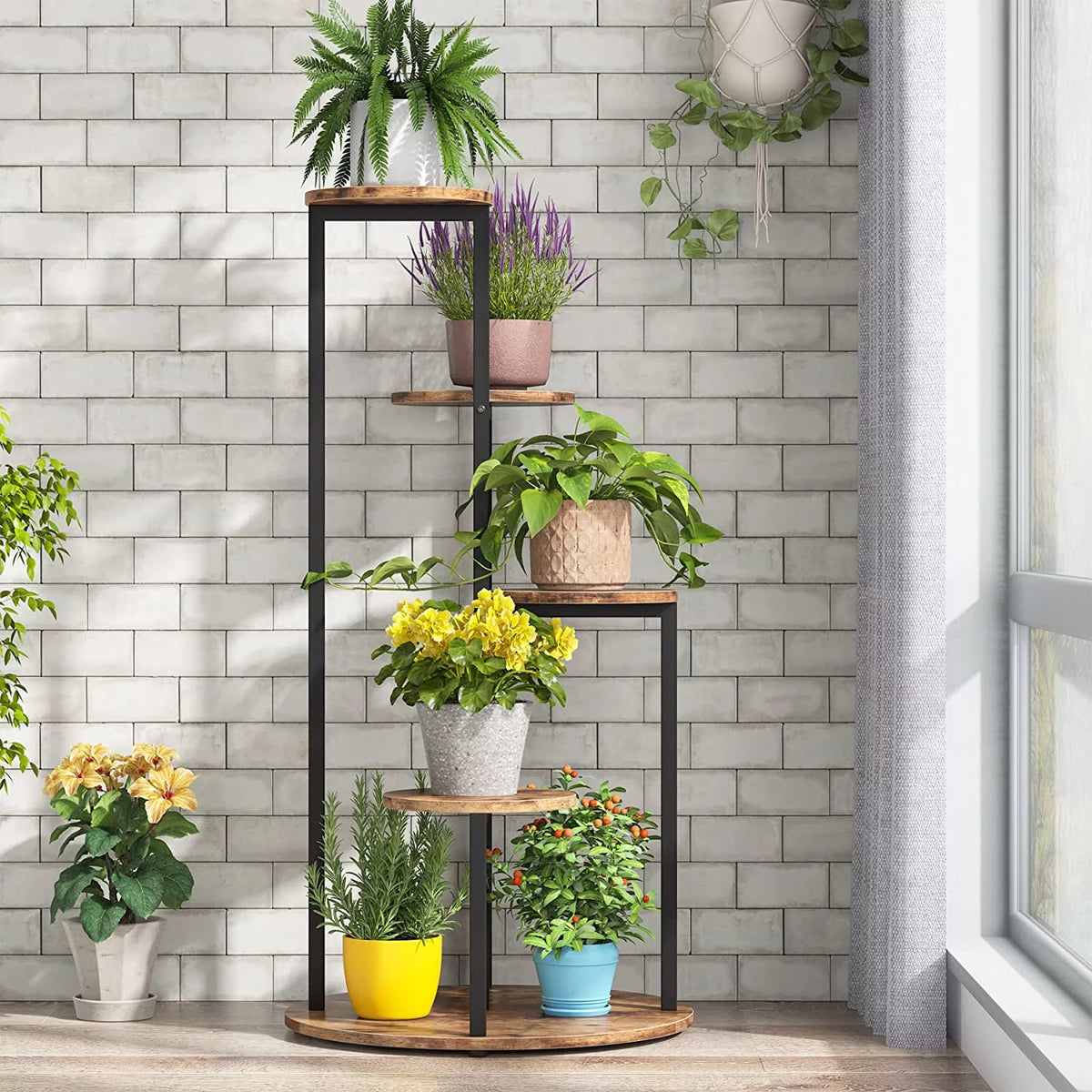 Tribesigns Rustic Brown 4-Tier Corner Plant Stand: Wooden & Metal Pot Holder