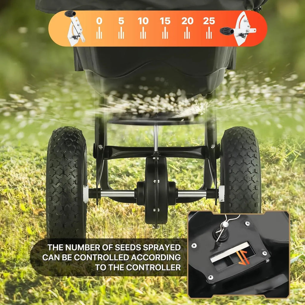 MoNiBloom 125 lb Walk-Behind Broadcast Spreader for Fertilizer, Grass Seed, Salt & Ice Melt, Heavy Duty Lawn, Garden & Farm Seeder with Rain Cover, Durable Design for Yards, Fields & Uneven Terrain