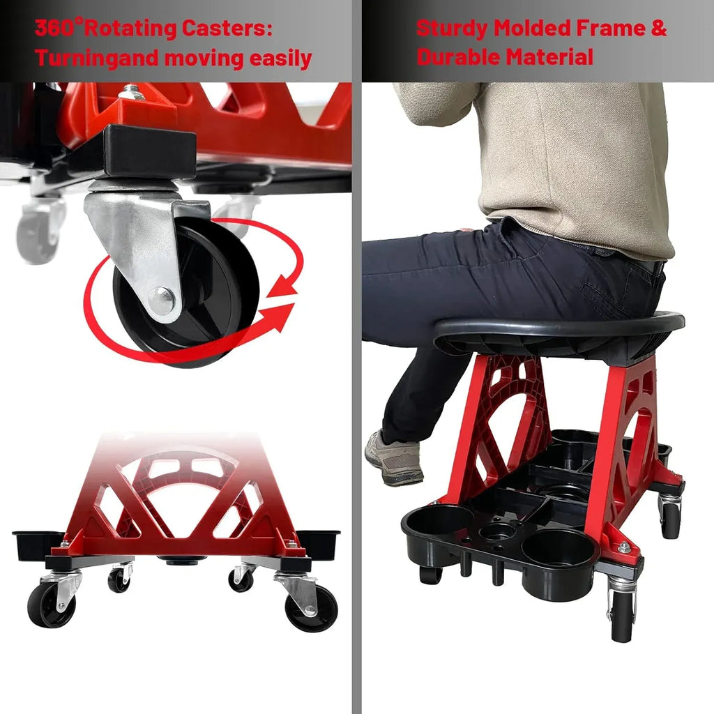 Durable Mechanic Stool Chair With Wheels, Heavy Duty Garage Shop Rolling Seat, Car Detailing Creeper With Tool Tray for Workshop, Auto Repair Shop and Home