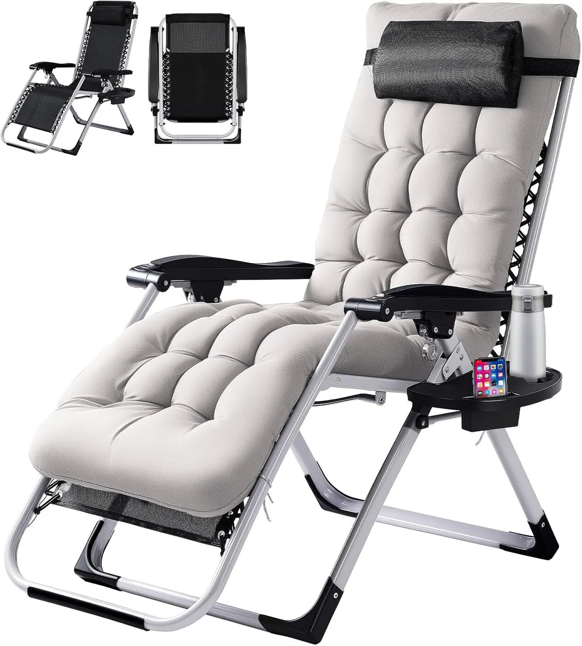 Padded Zero Gravity Chair, Lounge Chair with Removable Cushion & Tray, Folding Reclining Patio Chairs, Recliner Chair for Lawn,Indoor and Outdoor