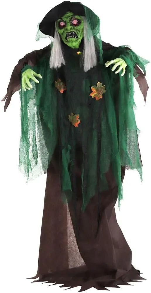 Haunted Hill Farm Talking Forest Witch Halloween Animatronic with Movement and Lights for Battery Operated Scary Indoor or Covered Outdoor Halloween Decorations, Creepy Halloween Props for Home