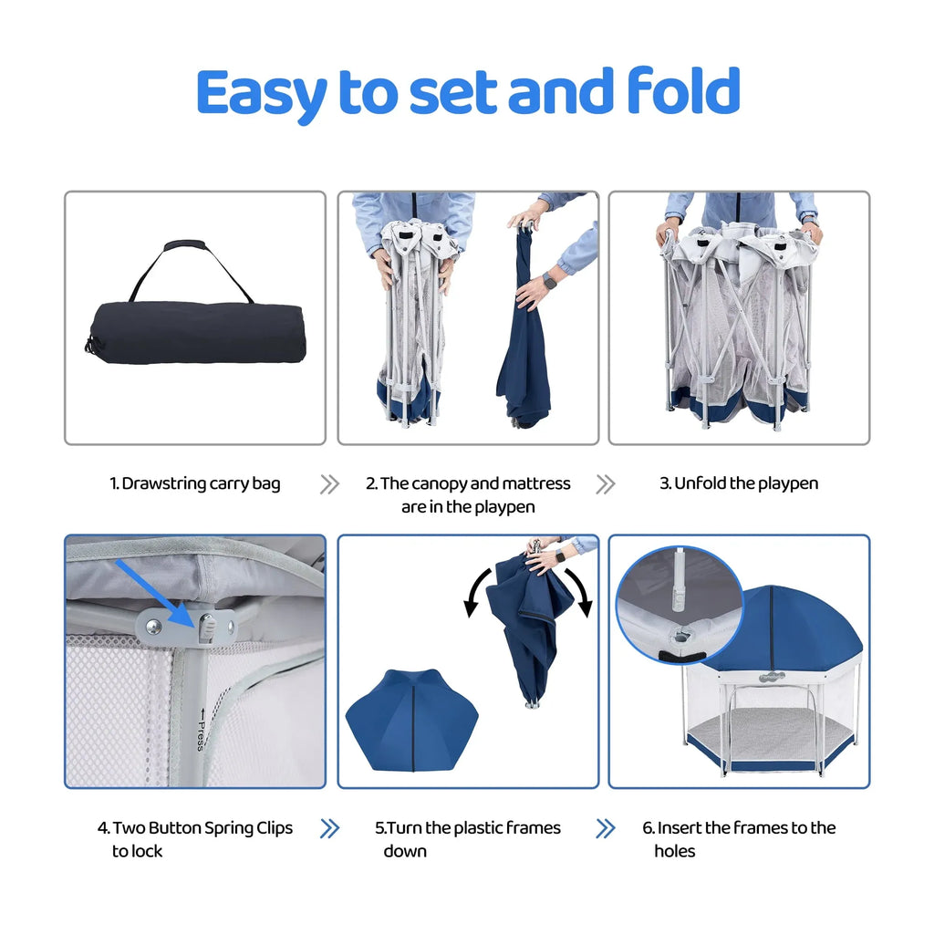 Pamo Babe Outdoor Baby Playpen, Portable, Lightweight, Toddler Playard With Canopy and Travel Bag - Blue