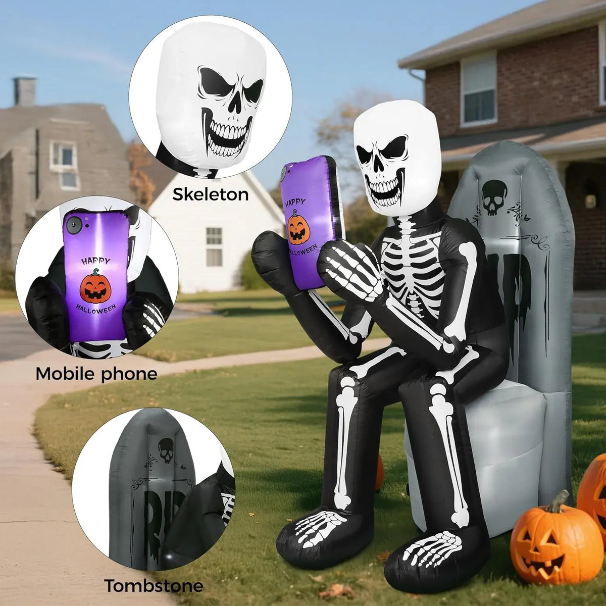 6.1 FT Halloween Inflatable Outdoor Decoration Skeleton & Tombstone Halloween Inflatable Blow Up Yard Decorations with LEDs for Halloween Holiday Party Outdoor Garden Yard Lawn Indoor Decor