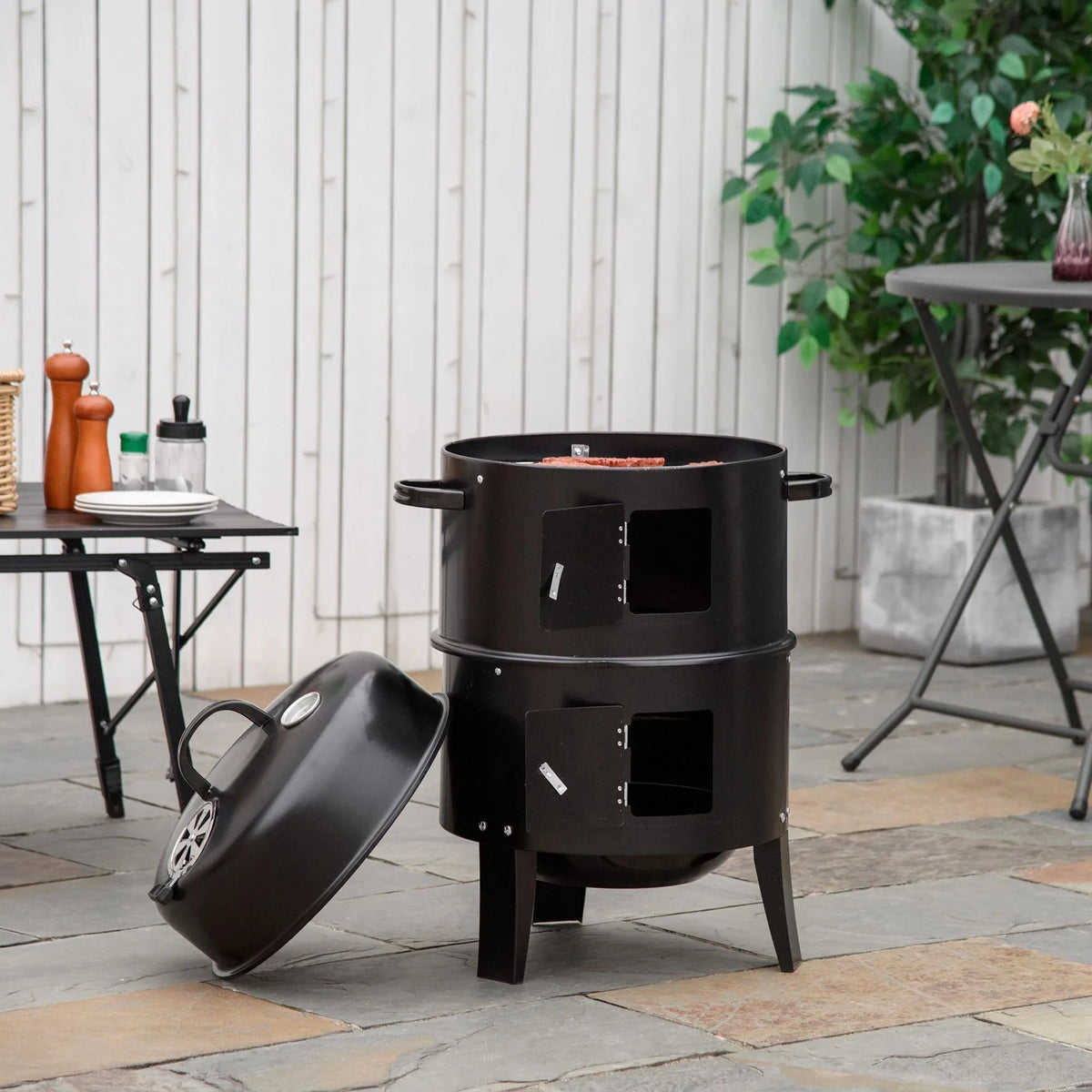 Outsunny Vertical Charcoal BBQ Smoker, 3-in-1 16 Round Charcoal Barbecue Grill with 2 Cooking Area, and Thermometer for Outdoor Camping Picnic Backyard Cooking, Black