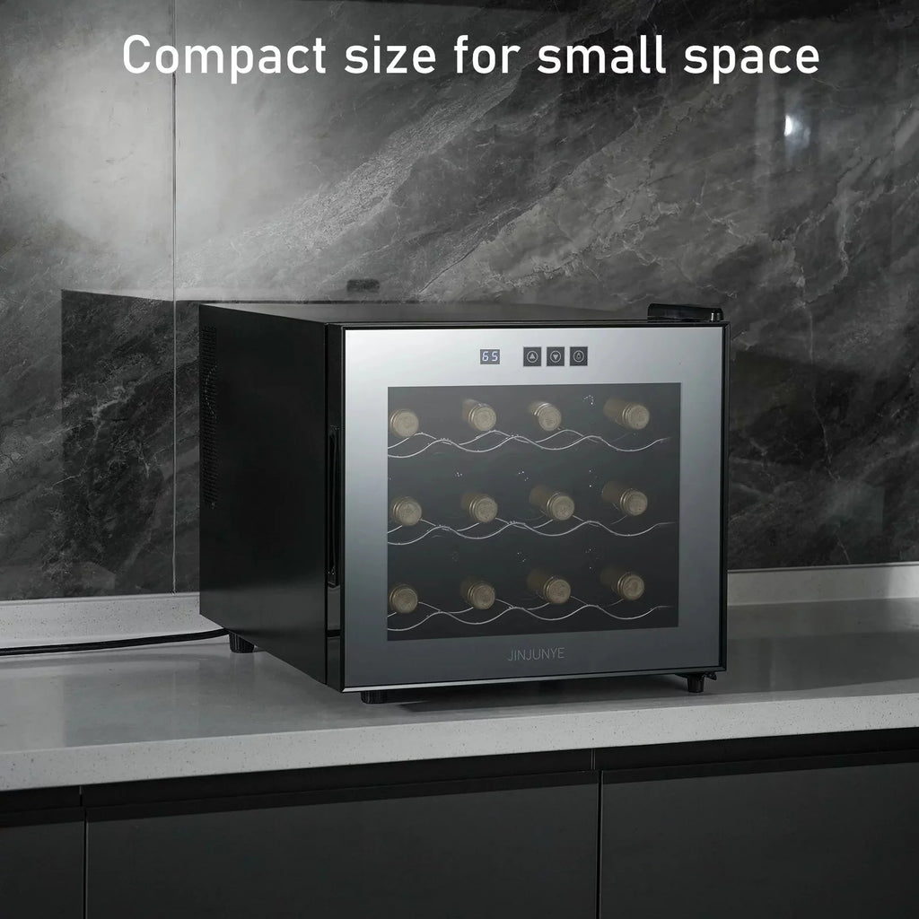 JINJUNYE Wine Cooler Refrigerator, 12 Bottle Wine Fridge Small, Countertop Wine Cooler with Temperature Control, Mini Freestanding Wine Cellars Glass Door for Home, Office, Bar, Gift for Men