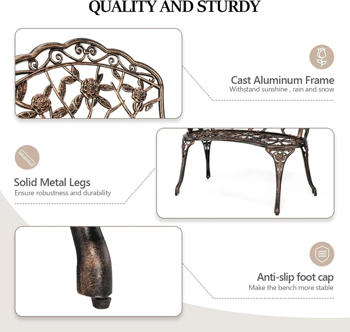 38.5 Patio Park Garden Outdoor Metal Rose Bench,Cast Iron Cast Aluminium Frame Antique Finish Chair,Accented Lawn Front Porch Path Yard Decor Deck Furniture for 2 Person Seatï1⁄4Bronze
